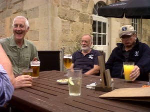 It's not all hard work .....FoTS committee member Robert Bradnam shares a joke outside the pub afterwards, as Cray Riverkeep volunteer Ron Pearson and Cray Project Officer Michael Heath enjoy a well-earned drink