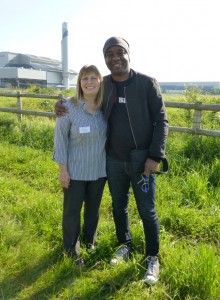 Karen Sutton (pictured with David 'The Urban Birder' Liondo) at Crossness earlier this year) has been promoted to Biodiversity Team Manager at Thames Water, putting her in charge of a portfolio of sites. (photo: Brenda Todd) 