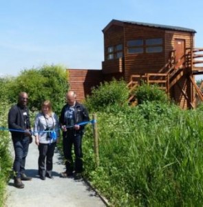 Karen Sutton at the official opening ceremony for the new Crossness bird hide in May, flanked by David 'The urban Birder' Lindo and long-serving Thames Water Biodiversity Manager Andy Tomczynski.