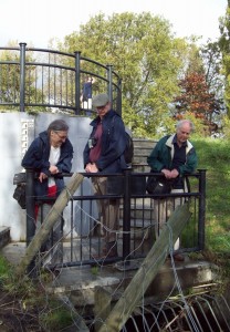 ChrisRose (left) and Michael Heath (centre), with QWAG memebers Lawrence and Dave, looking at the point where the Quaggy rejoins the culvert. (Photo: Pamela Zollicoffer)