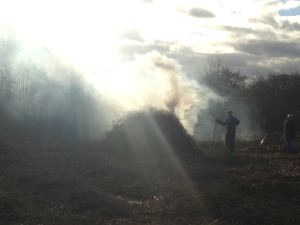 The smouldering pile of burning reed produced this atmospheric effect against the winter sun (Photo: Karen Sutton)