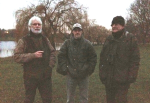 Ralph, Chris and Joh in the gloom after the Parakeet roost count at Danson. (Photo: Karen Sutton) 