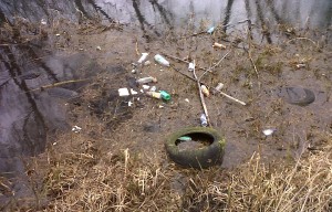 Winter wash-out, caused by heightened water levels dislodging litter from the reduced  bankside vegetation, along with dumped car tyres that have been thrown into the river, disfiguring the lower Cray by By-way 105. (Photo: Chris Rose)