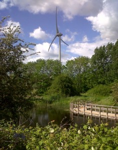 The Sewage Works wind turbine seen over the large new pond on Southern Marsh. (Photo: Chris Rose)