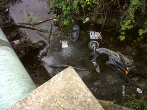 River Wansunt by Thames Road Wetland. Criminals have now dumped 3 motorbikes/scooters in Crayford rivers in the past few months.