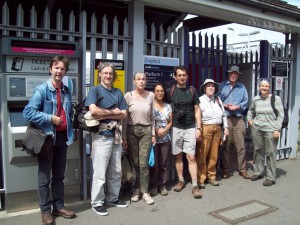 After problems with engineering works, the group finally assembles at Crayford railway station, ready for the off. 