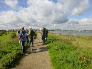 Bexley RSPB Group members on the sea wall at Crayford Marshes (Photo: Brenda Todd)