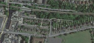 The eastern  half of this strip of trees west of Sidcup railway station has been destroyed by the landowner who has lost three appeals against the Council's decision they should remain and that houses should not be built on the site.  (Imagery: Google Earth)