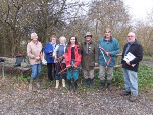 Ruxley Gravel Pits Nature Reserve volunteers, with long-time warden Albert Watson on the right. (Photo: Martin Watts).