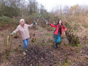 Linda Graham and colleague celebrate the completion of some willow coppicing work. (Photo: Martin Watts).