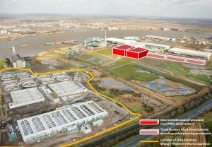 Aerial image showing the huge cumulative impact of recent and projected 'development' on Erith Marshes. The two buildings proposed by Cory will take up most of both fields and will be four storeys high, much taller than nearby warehousing. 