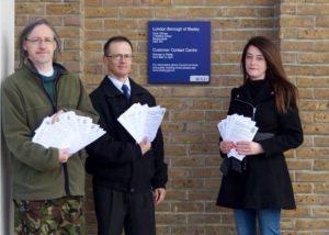 Chris rose (Vice-chair, Bexley Natural environment Forum), Steve Carter and Donna Zimmer (Friends of Crossness Nature Reserve) at the Bexley Council offices with some of the 'Save our Skylarks' letters of objection, many with individual comments added by the signatories. (Photo: Ellen Webb) 