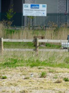 A Ring Plover on its nest can just be picked out near the bottom centre of this picture. Proximity to the Cory incinerator can be seen by the sign in the background. (Photo: Donna Zimmer)