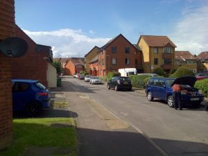 Shearwood Crescent, Crayford. Hose Martins nest on the two and three-storey buildings in the middle distance. (Photo: Chris Rose)