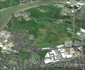 Google Earth image of the area to be lost to a railfreight depot if Bexley Council approves the plans. Red line - 'developed' area footprint, with screening bunds etc. out to yellow line. White line is main access roadway, including a bridge over the River Cray. 