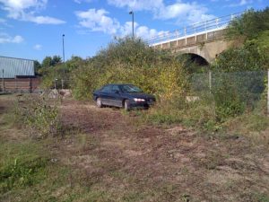 Dumped carat Thames Road Wetland, with smashed windscreen. (Photo: Chris Rose)